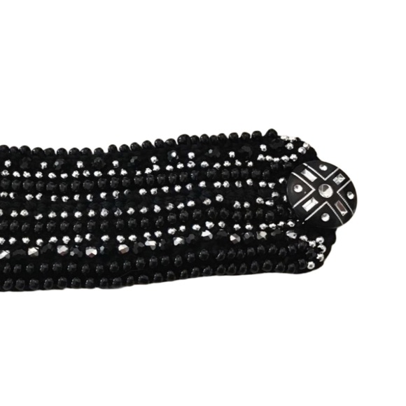 Black and Silver Crochet Beaded Cuff Bracelet